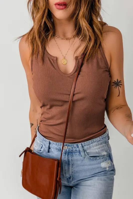 Rose split neck ribbed knit tank top - tops