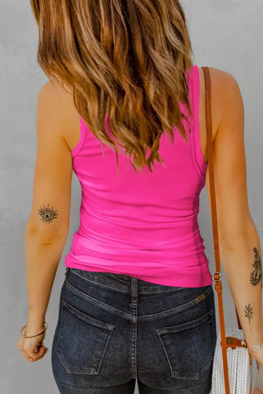 Rose split neck ribbed knit tank top - tops