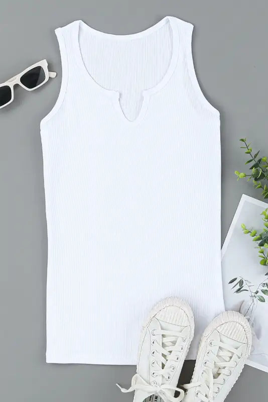 Rose split neck ribbed knit tank top - tops