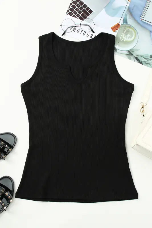 Rose split neck ribbed knit tank top - tops