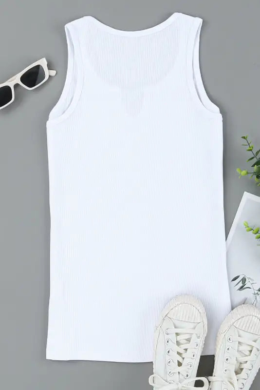 Rose split neck ribbed knit tank top - tops