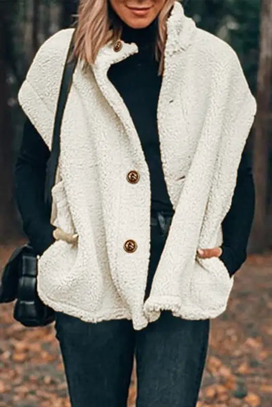 Stand collar sherpa vest - beige