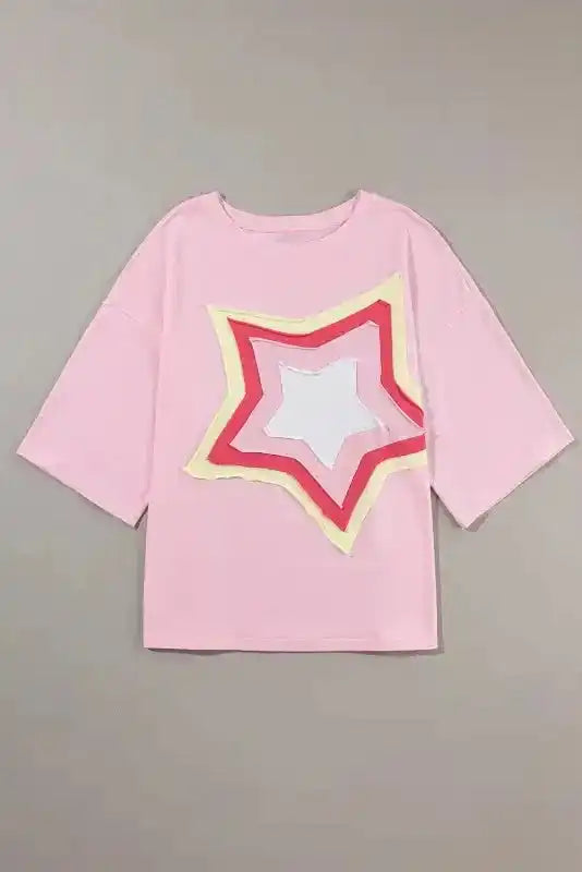 Star Patched Half Sleeve Oversized Tee - Fashionfitz