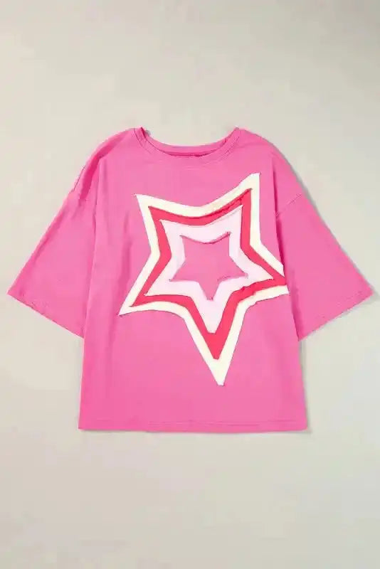 Side view of Star Patch Crew Neck Oversized Half Sleeve Tee showing generous oversized silhouette and crew neck — Fashionfitz