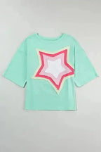 Star Patched Half Sleeve Oversized Tee - Fashionfitz