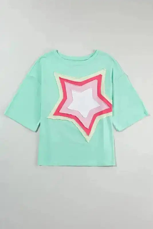 Star Patched Half Sleeve Oversized Tee - Fashionfitz