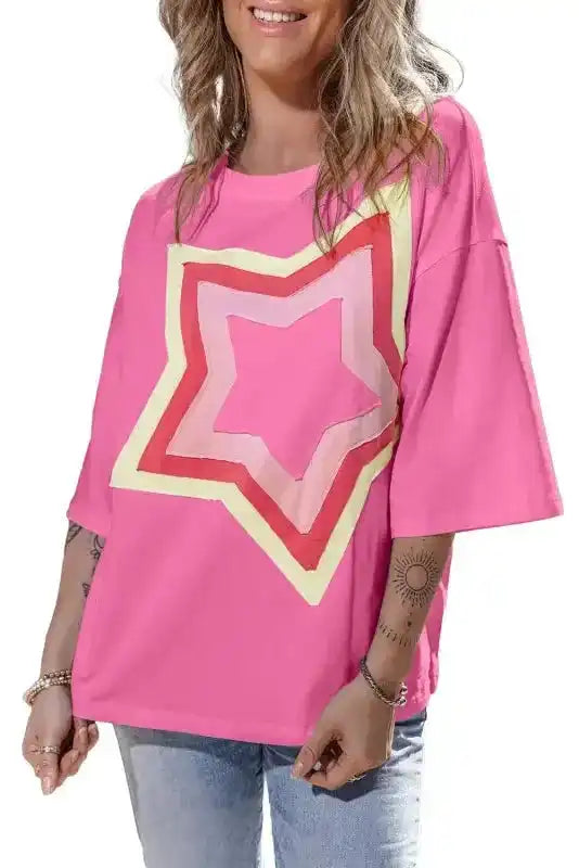 Star Patched Half Sleeve Oversized Tee - Fashionfitz