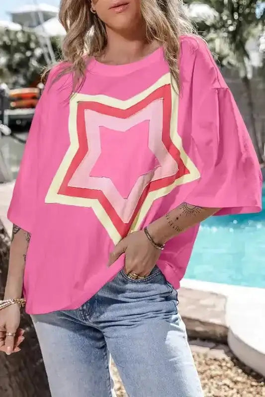Star Patched Half Sleeve Oversized Tee - Fashionfitz