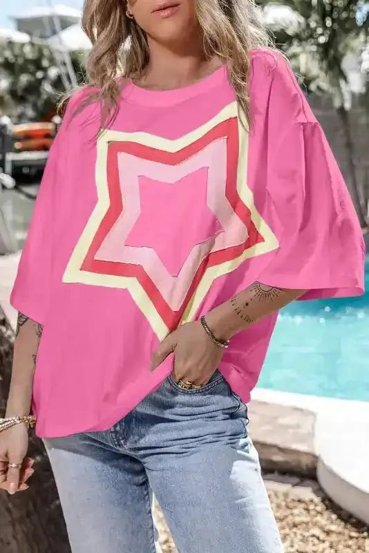 Star Patch Crew Neck Oversized Half Sleeve Tee Women UK in white — front view showing bold multicolour star patch — Fashionfitz
