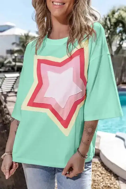 Star Patched Half Sleeve Oversized Tee - Fashionfitz