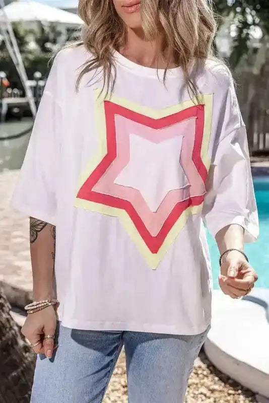 Star Patched Half Sleeve Oversized Tee - Fashionfitz