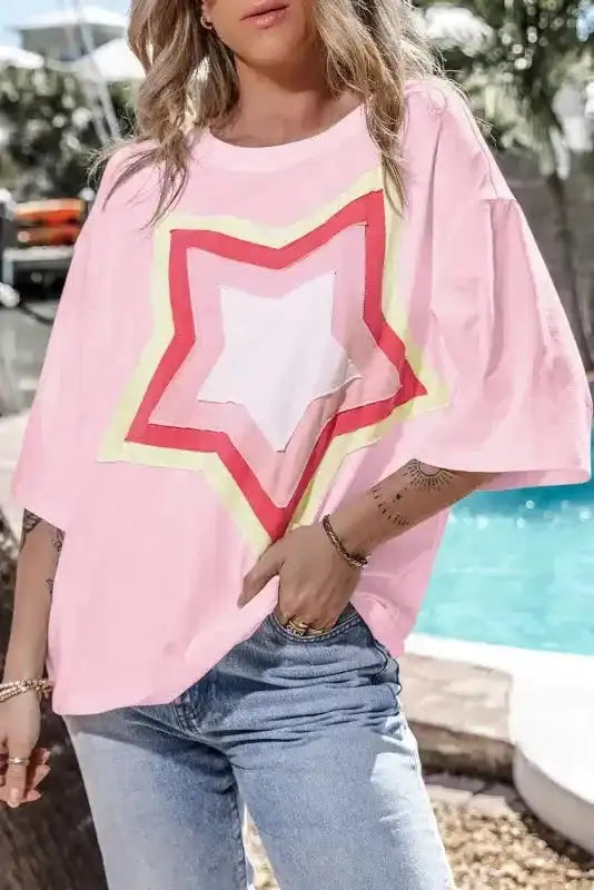 Star Patched Half Sleeve Oversized Tee - Fashionfitz