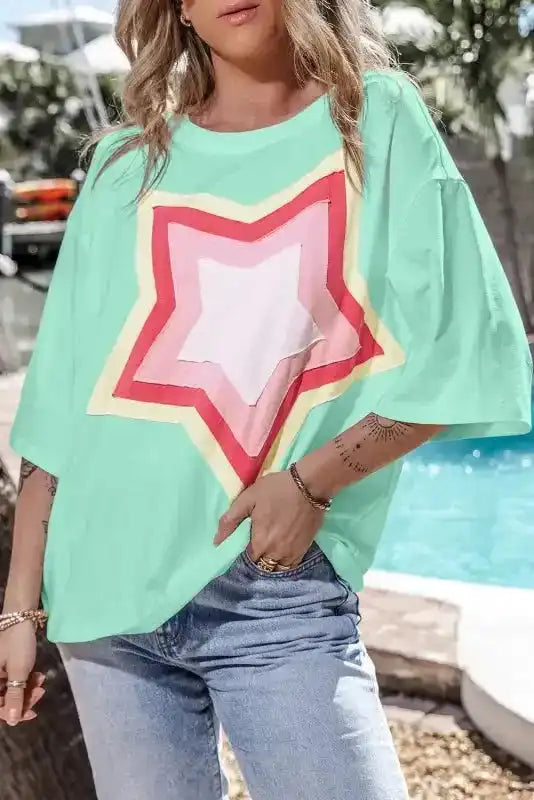 Star Patched Half Sleeve Oversized Tee - Fashionfitz