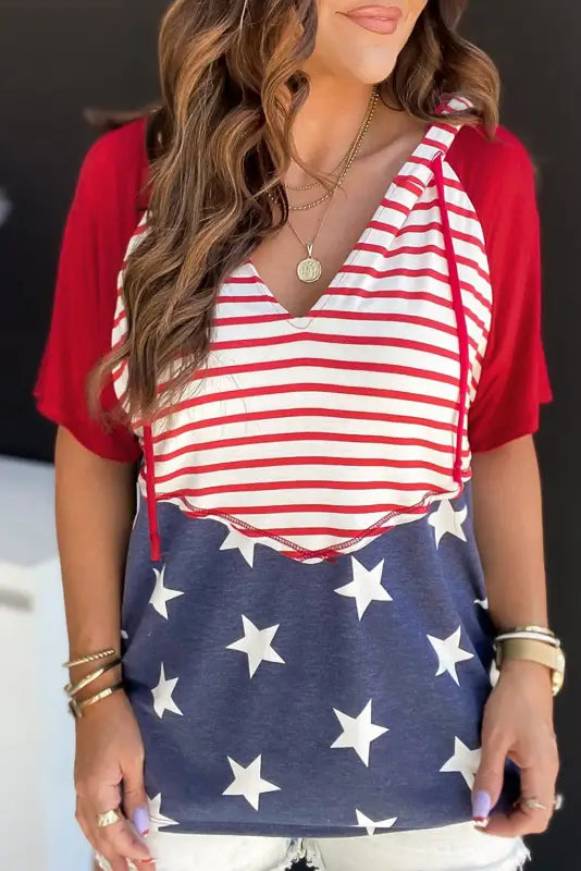 Stars and stripes hooded t shirt - fiery red / s / 95% polyester + 5% elastane - tops/tops & tees