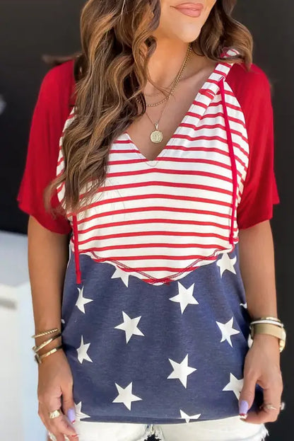 Stars and stripes hooded t shirt - fiery red / s / 95% polyester + 5% elastane - tops/tops & tees