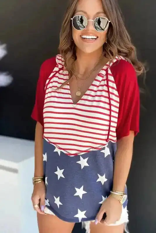 Side view of Stars and Stripes Hooded Drawstring V-Neck Tee showing short sleeve and hooded silhouette — Fashionfitz