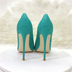 Turquoise FashionFitz Stiletto Heels with snake skin texture and pointed toes, sleek PU pumps for adult women in high fashion footwear.