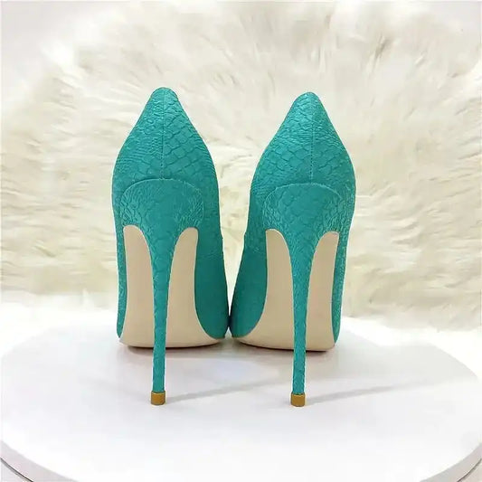 Turquoise FashionFitz Stiletto Heels with snake skin texture and pointed toes, sleek PU pumps for adult women in high fashion footwear.