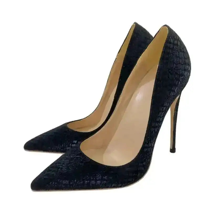 Pair of black FashionFitz Stiletto Heels with PU pointed toes and snake skin pattern, ideal for bold fashion in women's pumps collection.
