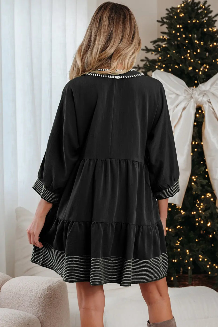 Stitch detail tiered v‑neck babydoll dress | fashionfitz®