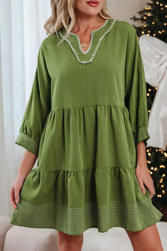 Stitch detail tiered v‑neck babydoll dress | fashionfitz®