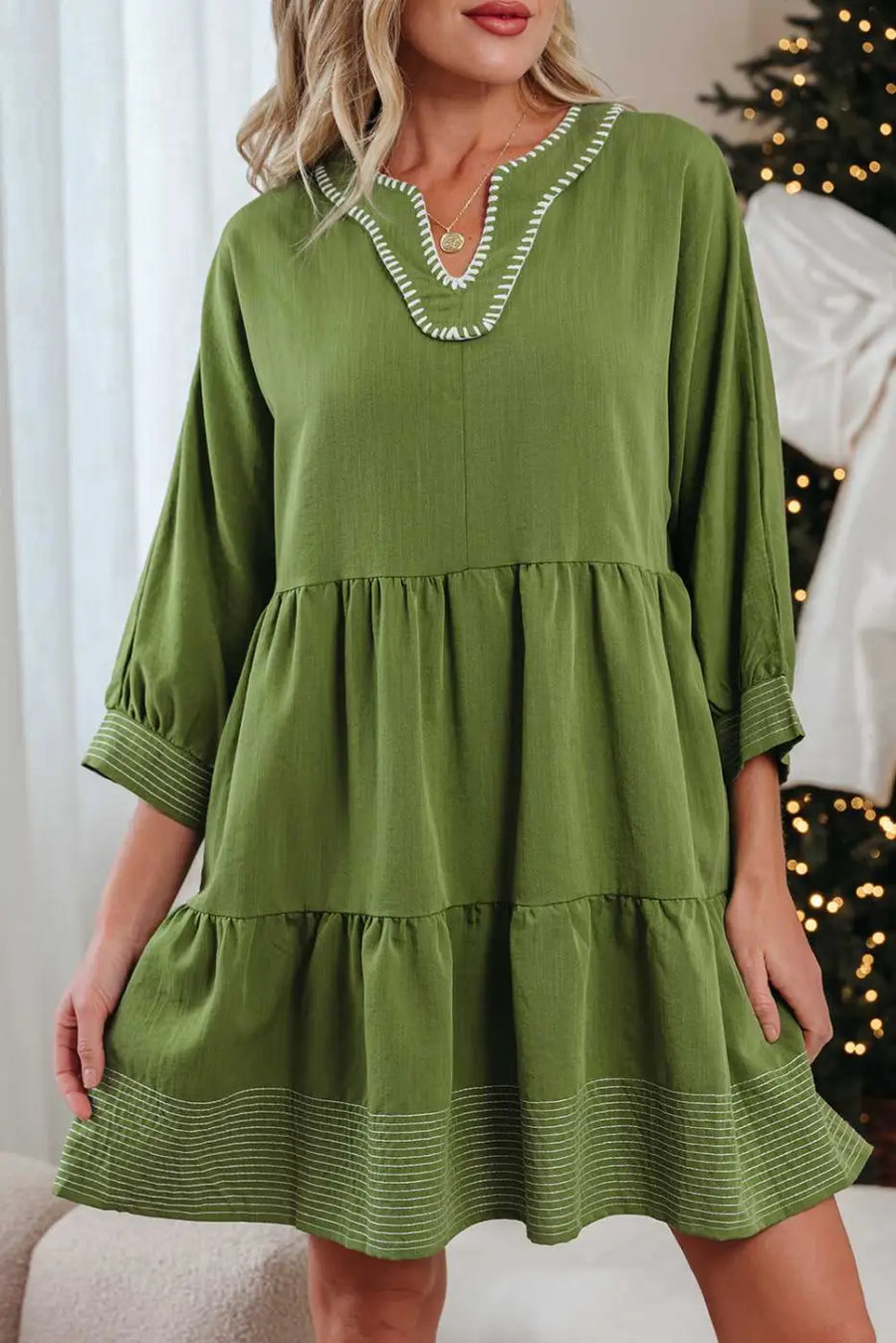Stitch detail tiered v‑neck babydoll dress | fashionfitz®