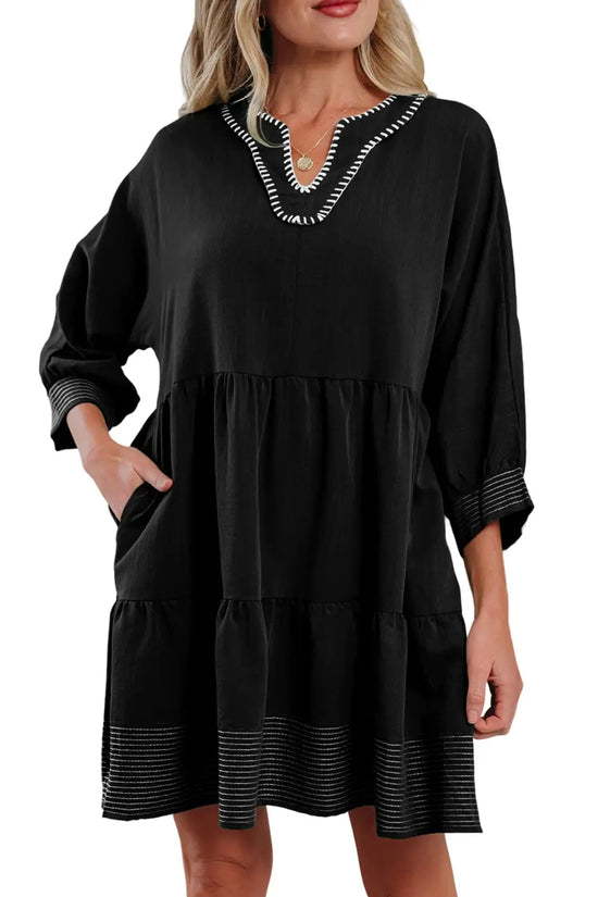 Stitch detail tiered v‑neck babydoll dress | fashionfitz®