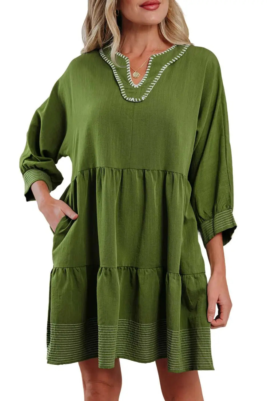 Stitch detail tiered v‑neck babydoll dress | fashionfitz®