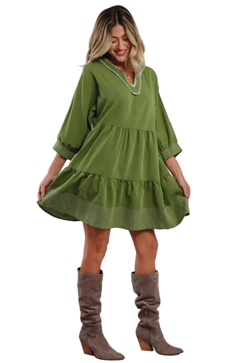 Stitch detail tiered v‑neck babydoll dress | fashionfitz®
