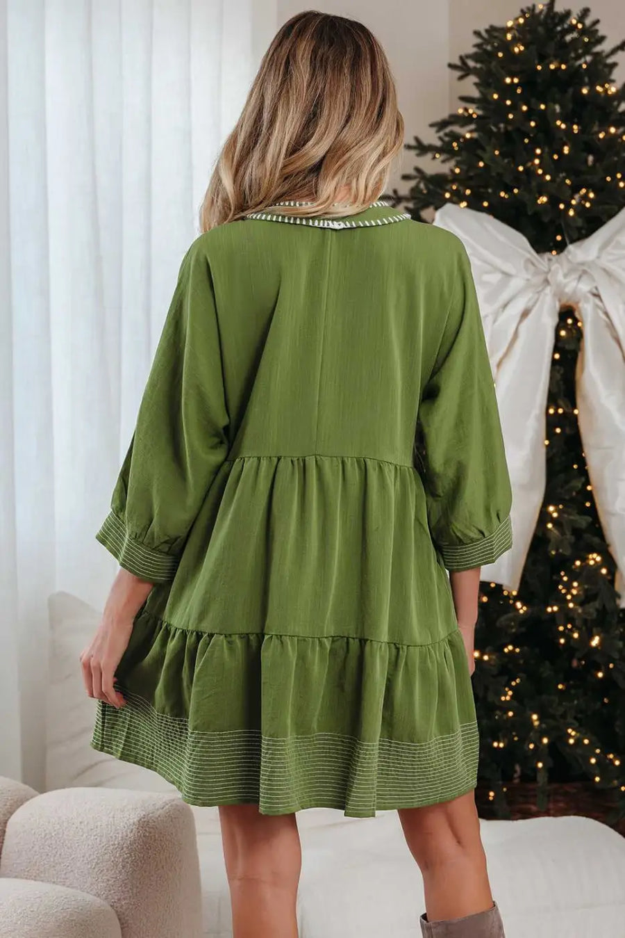 Stitch detail tiered v‑neck babydoll dress | fashionfitz®