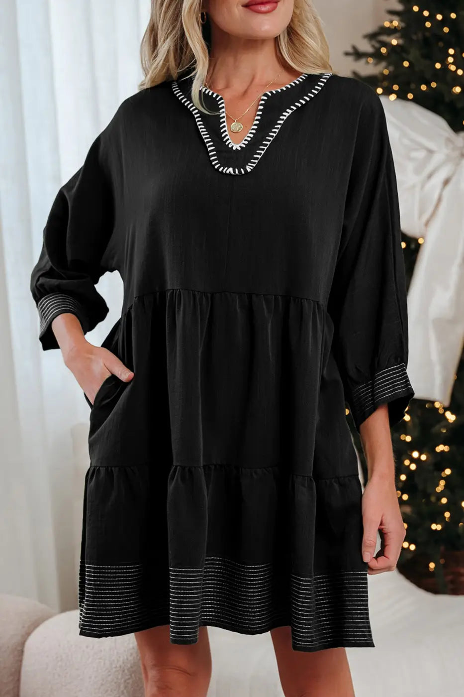 Stitch detail tiered v‑neck babydoll dress | fashionfitz®