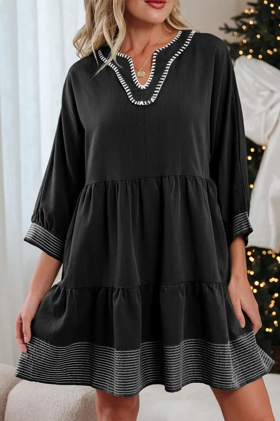 Stitch detail tiered v‑neck babydoll dress | fashionfitz®