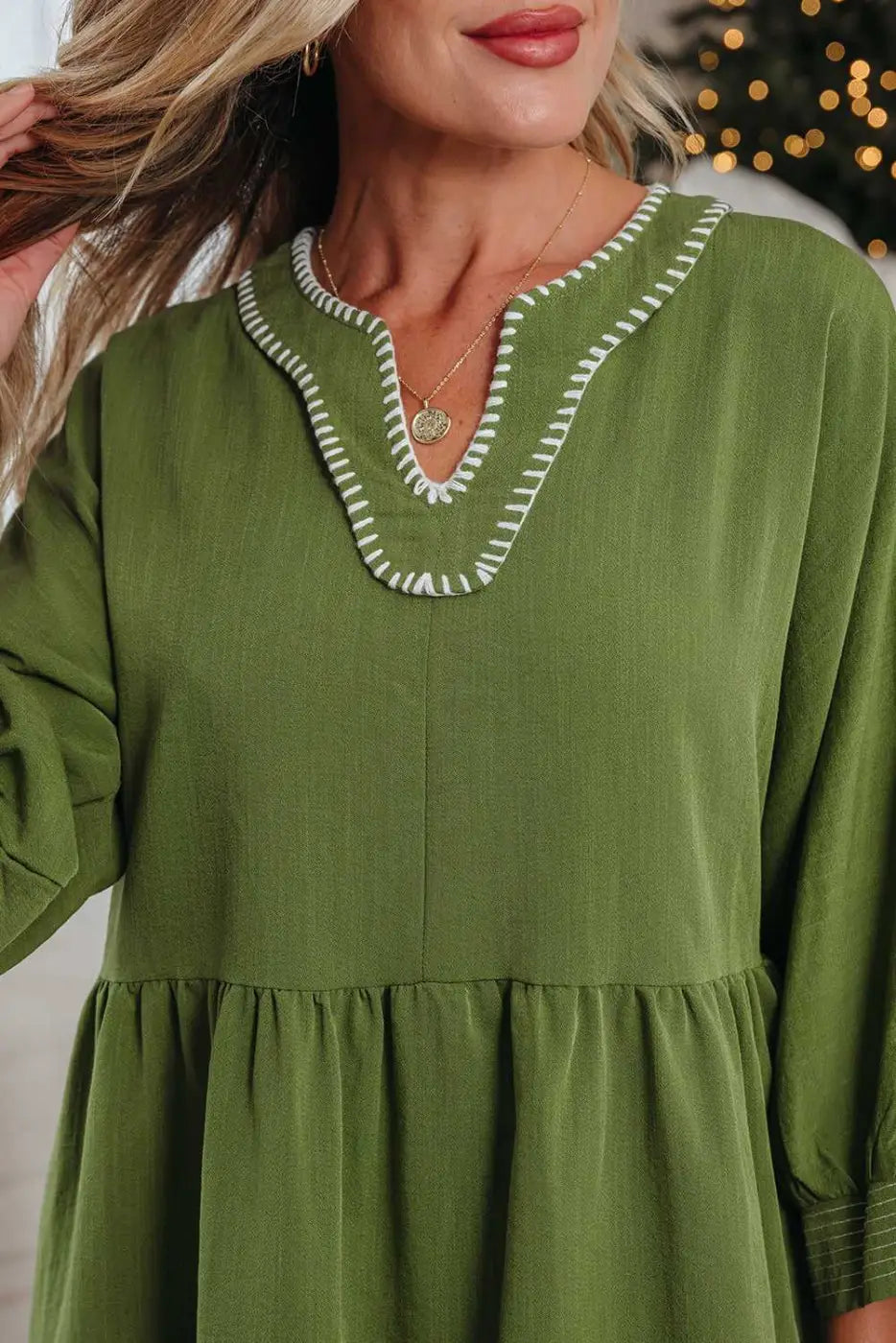 Stitch detail tiered v‑neck babydoll dress | fashionfitz®