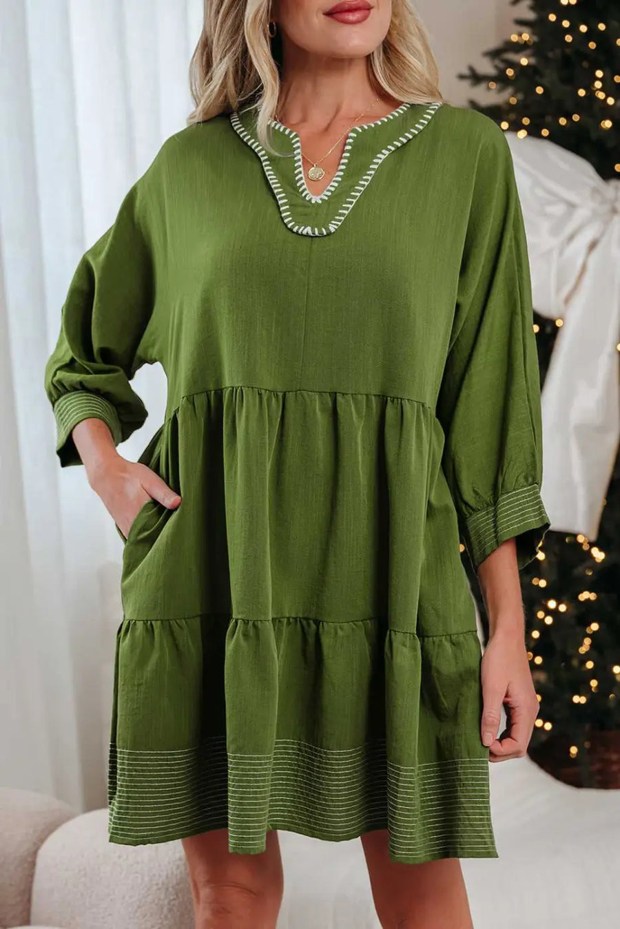 Stitch detail tiered v‑neck babydoll dress | fashionfitz®