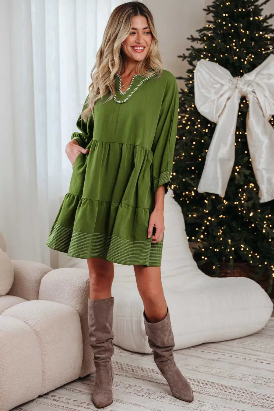 Stitch detail tiered v‑neck babydoll dress | fashionfitz®