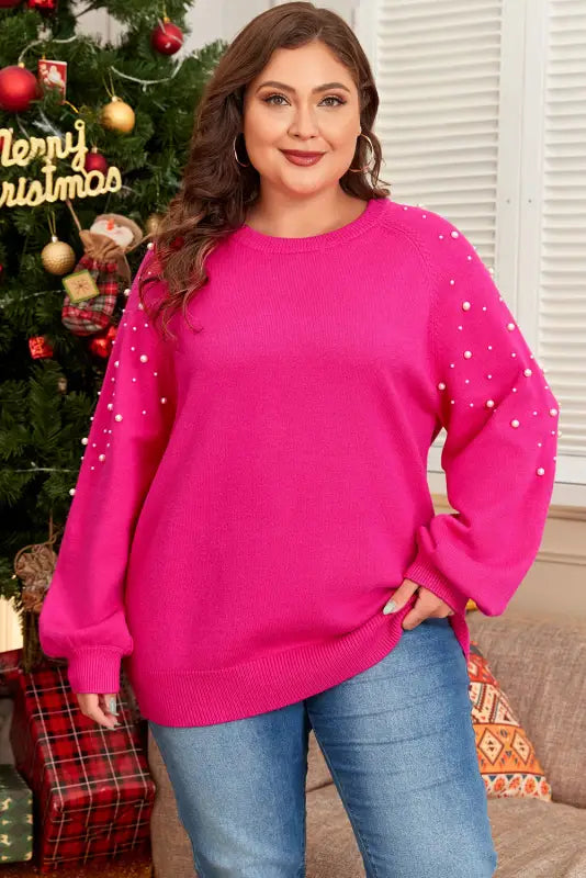 Strawberry blush pearled sweater | cozy plus size fashion