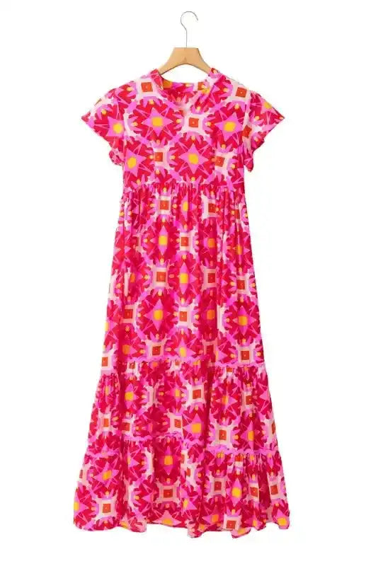 Strawberry Maxi Dress - Pink Geo Print V-neck - Fashionfitz
