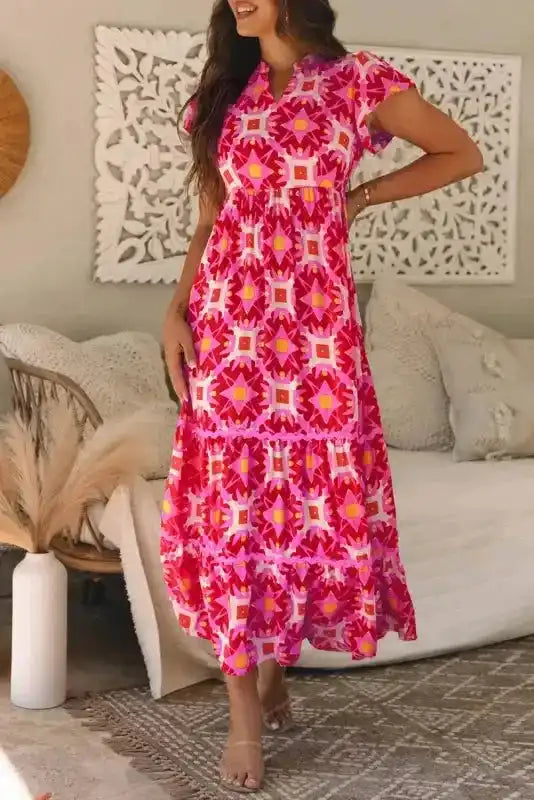 Strawberry Maxi Dress - Pink Geo Print V-neck - Fashionfitz