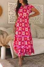 Strawberry Maxi Dress - Pink Geo Print V-neck - Fashionfitz