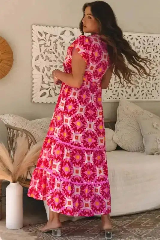 Pink geo print V-neck maxi dress back view — Fashionfitz UK