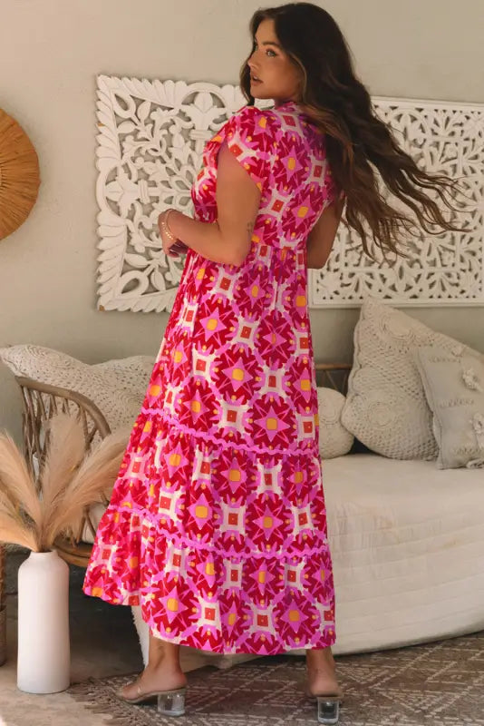 Strawberry maxi dress - pink geo print v-neck