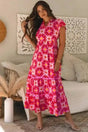 Pink geo print V-neck boho summer maxi dress front view — Fashionfitz UK