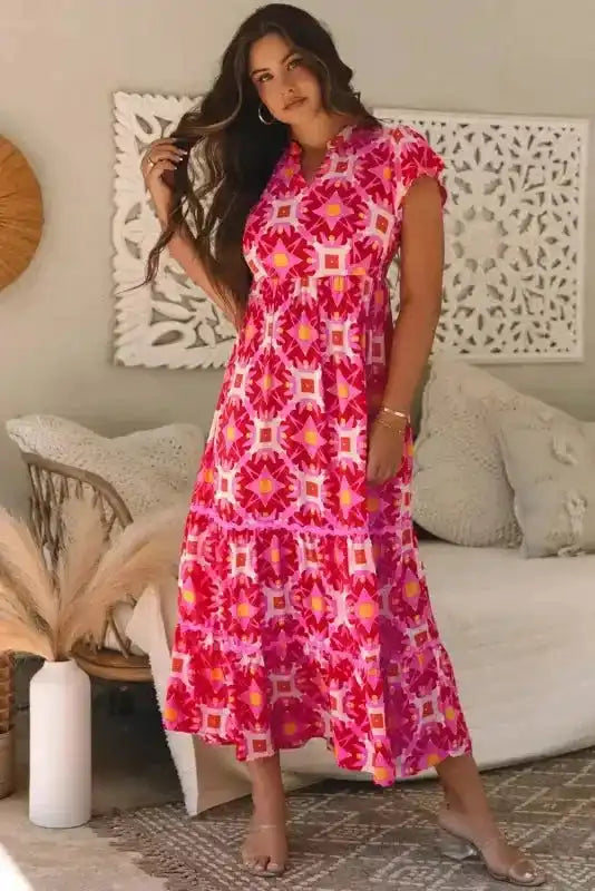 Pink geo print V-neck boho summer maxi dress front view — Fashionfitz UK
