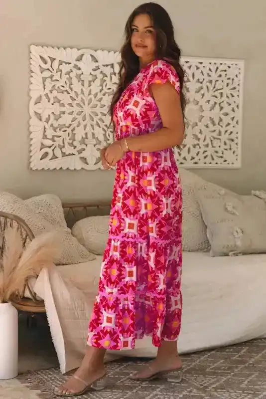 Strawberry Maxi Dress - Pink Geo Print V-neck - Fashionfitz