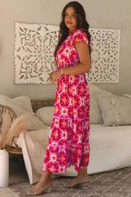 Strawberry Maxi Dress - Pink Geo Print V-neck - Fashionfitz