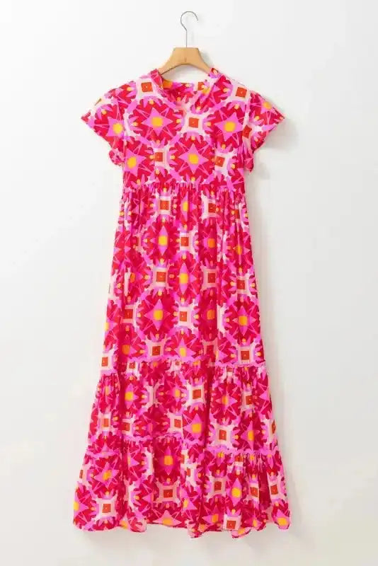 Strawberry Maxi Dress - Pink Geo Print V-neck - Fashionfitz