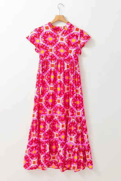 Strawberry maxi dress - pink geo print v-neck