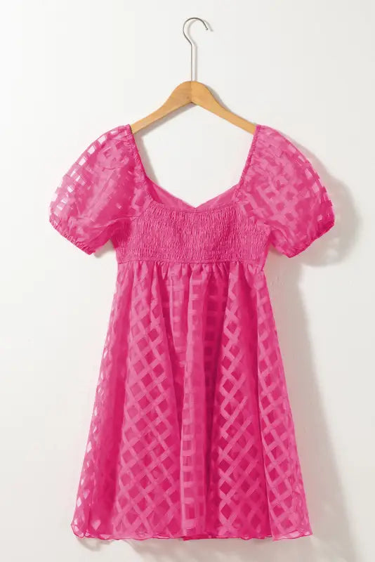 Strawberry pink checkered puff sleeve babydoll dress - dresses