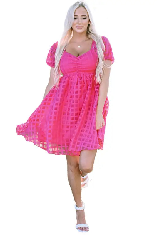 Strawberry pink checkered puff sleeve babydoll dress - dresses