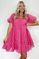 Strawberry pink checkered puff sleeve babydoll dress - dresses